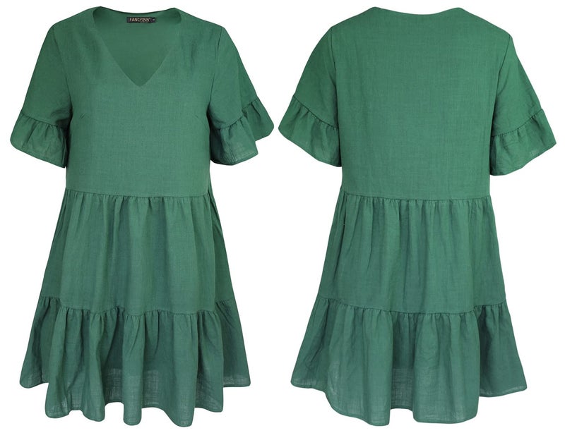 FANCYINN Women Ruffle Mini Short Dress for St Patricks Day with Pockets Bell Sleeve V Neck Beach Swing Tunic Shift Dress Dark Green XL - Image 4